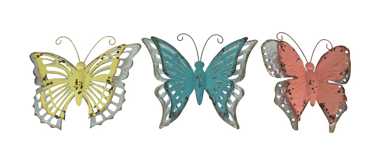 Set of 3 Distressed Finish Metal Butterfly Wall Hangings Galvanized Zinc Accents